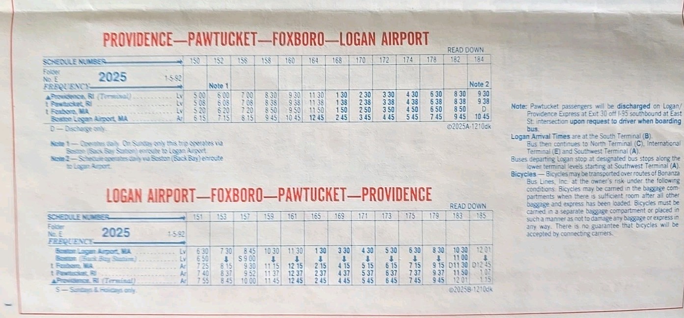 Bonanza Bus Lines January 5th 1992 Bus Schedule Vintage New England’s Finest Bus