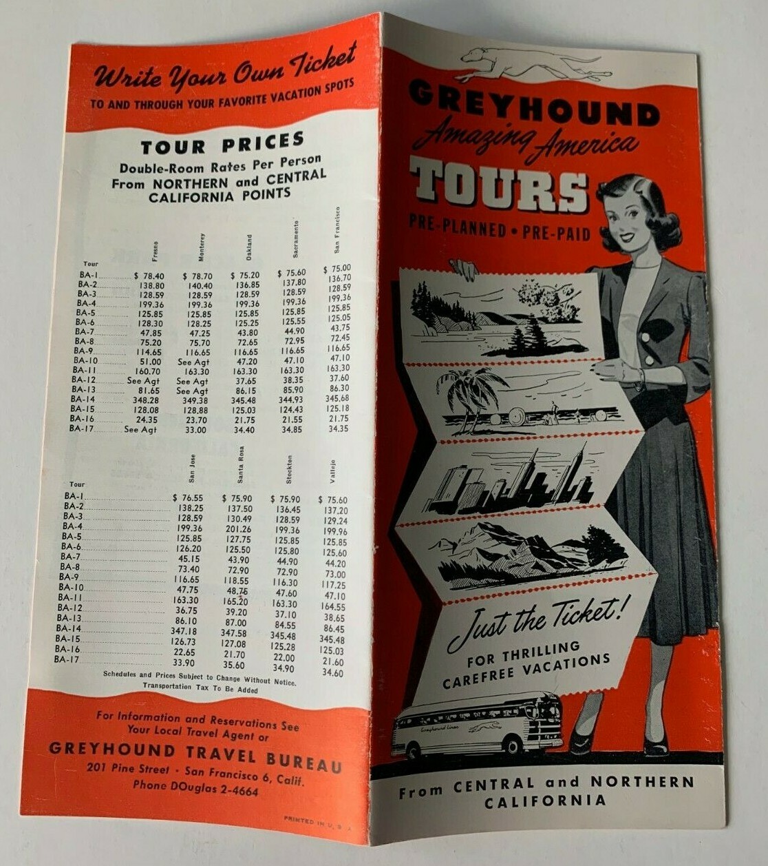 Vintage ca 1940s Greyhound Bus U.S. Tours Brochure From California Illustrated