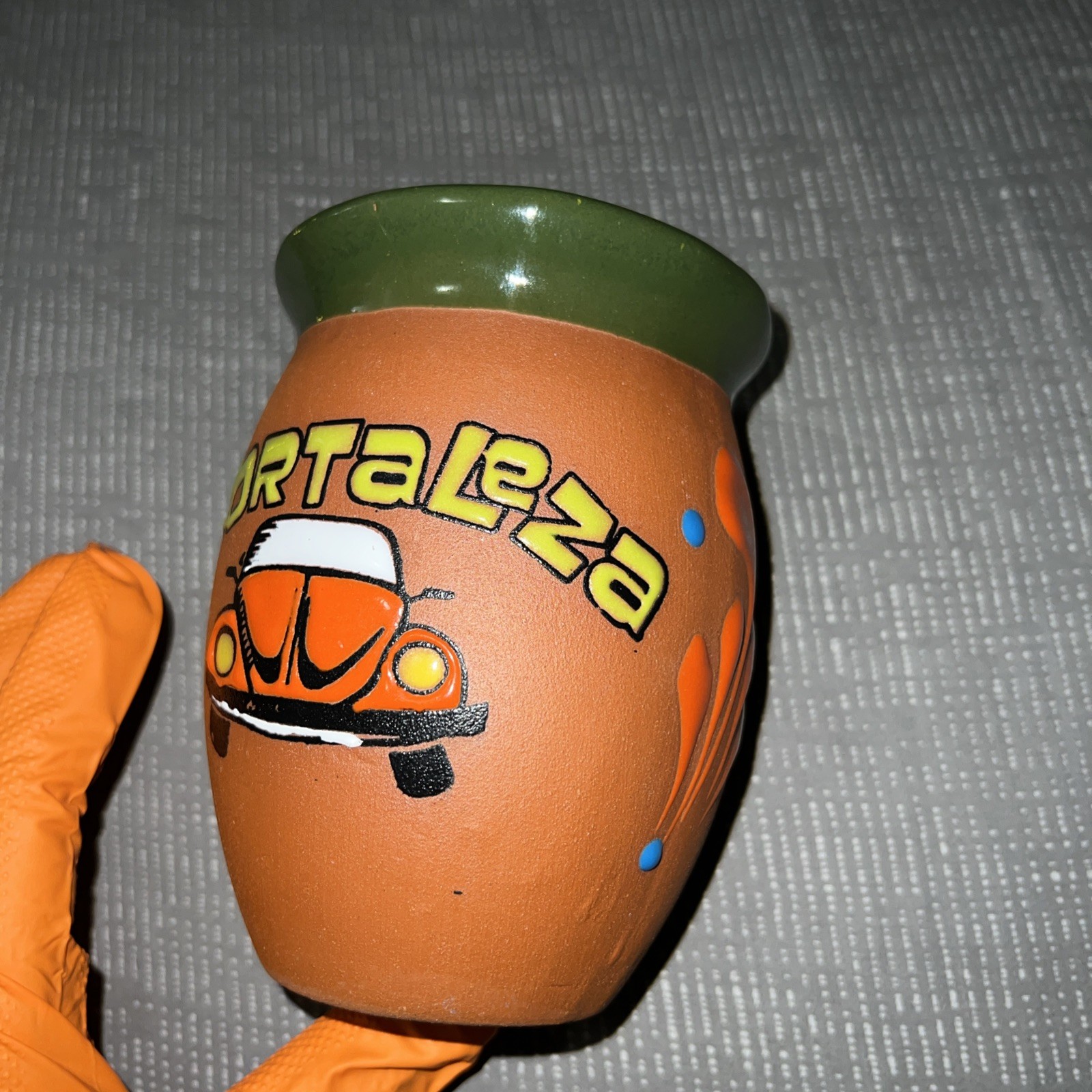 La Fortaleza Terra Cotta Enameled Vase Volkswagon Bus & Car Punch Buggy Vintage