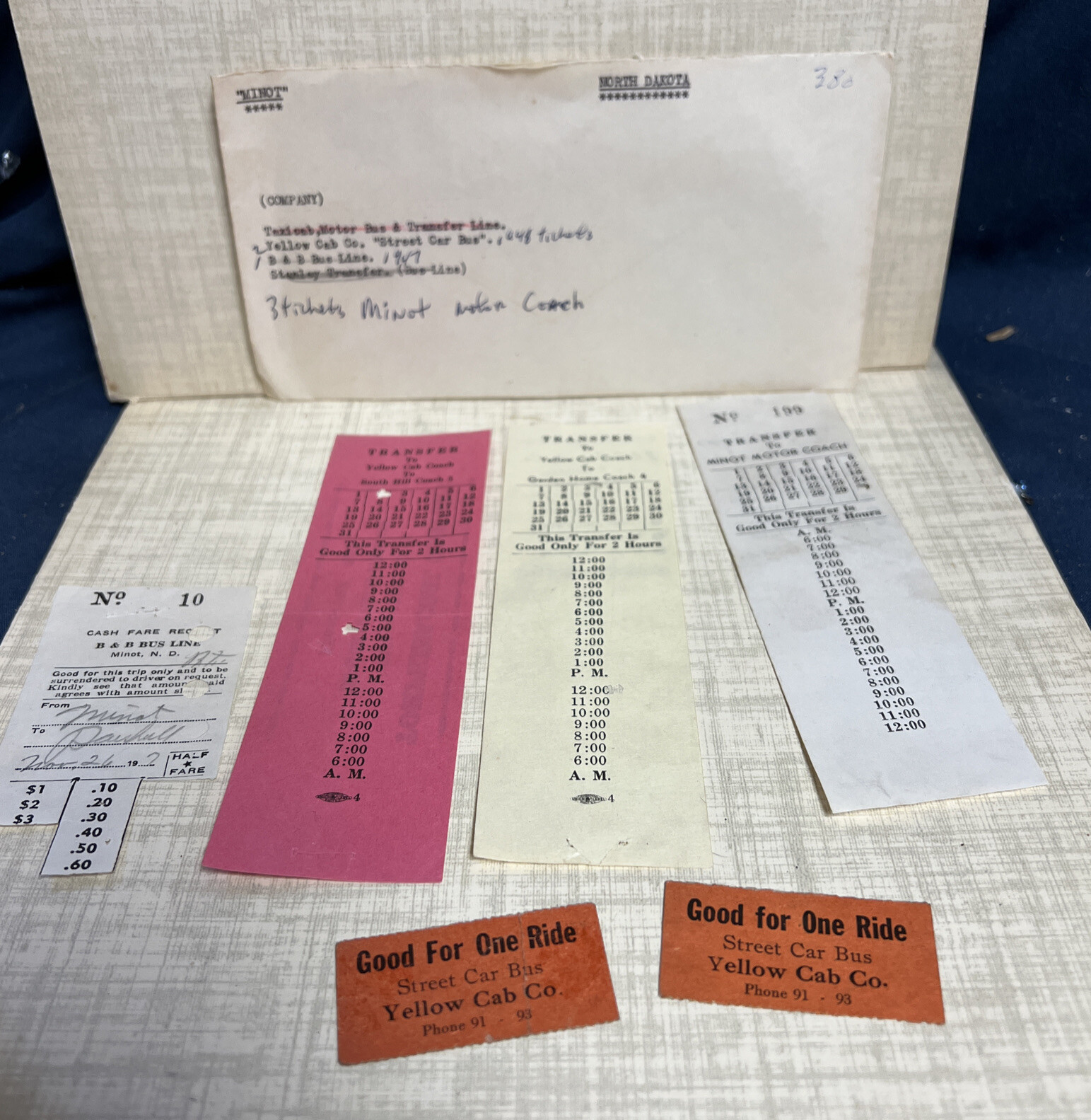 6 BUS TICKETS & YELLOW CAB FROM NORTH DAKOTA B& B BUS LINE MINOT MOTOR COACH