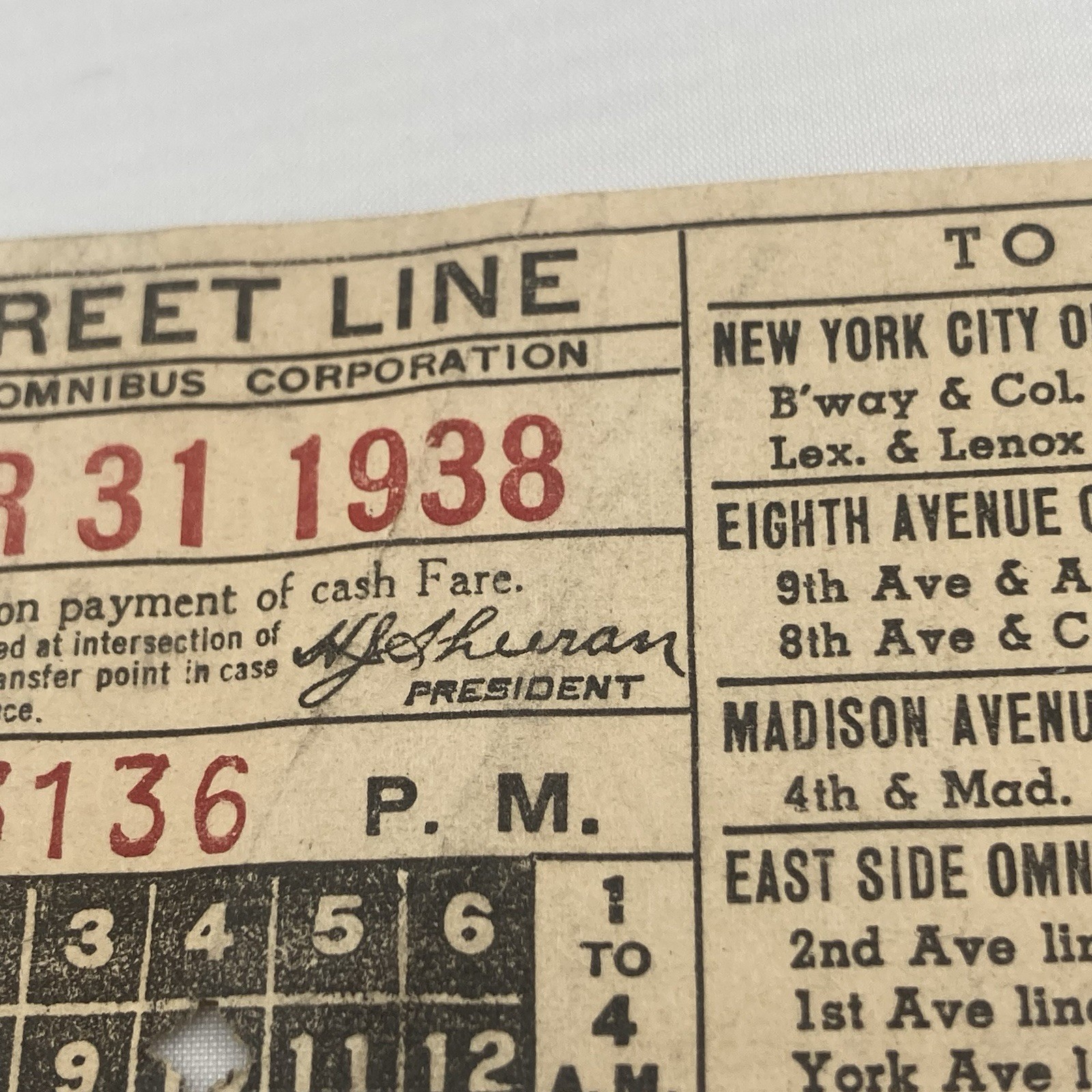 Vintage 1938 New York City Bus Transfer Ticket Signed HJ Sheeran Transit Pioneer