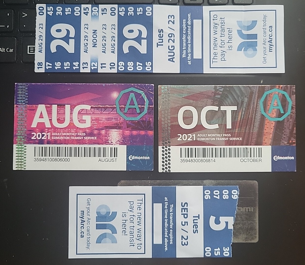 Edmonton Transit Service ETS 2021 Aug & Oct Bus Pass + Transfer Set