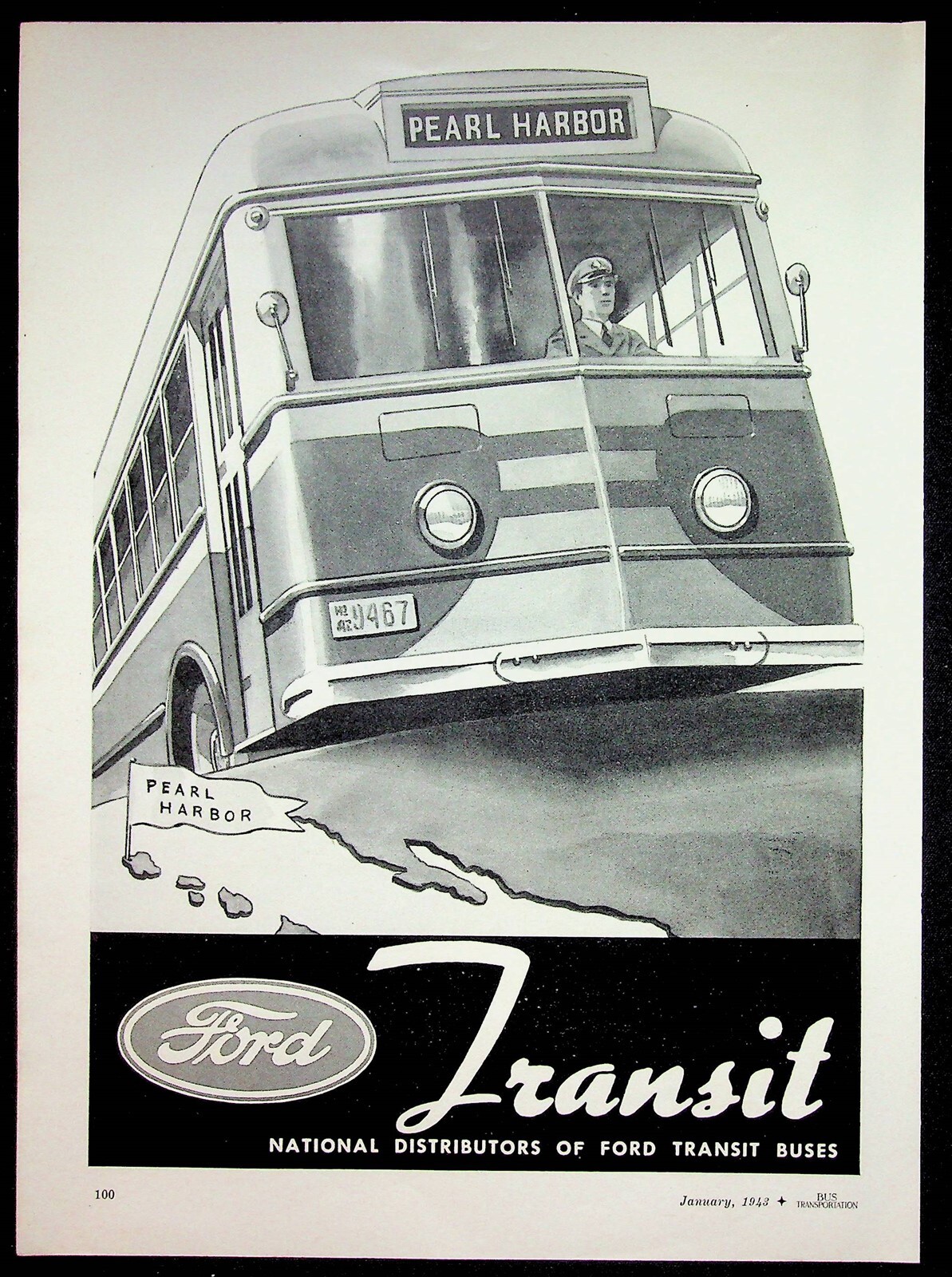 1943 Ford Transit WWII Wartime Bus Ad Pearl Harbor