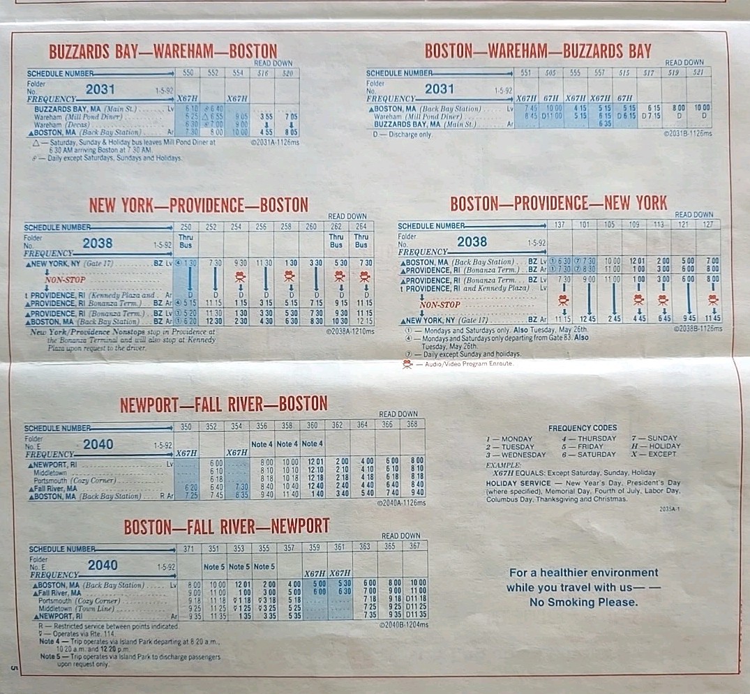 Bonanza Bus Lines January 5th 1992 Bus Schedule Vintage New England’s Finest Bus