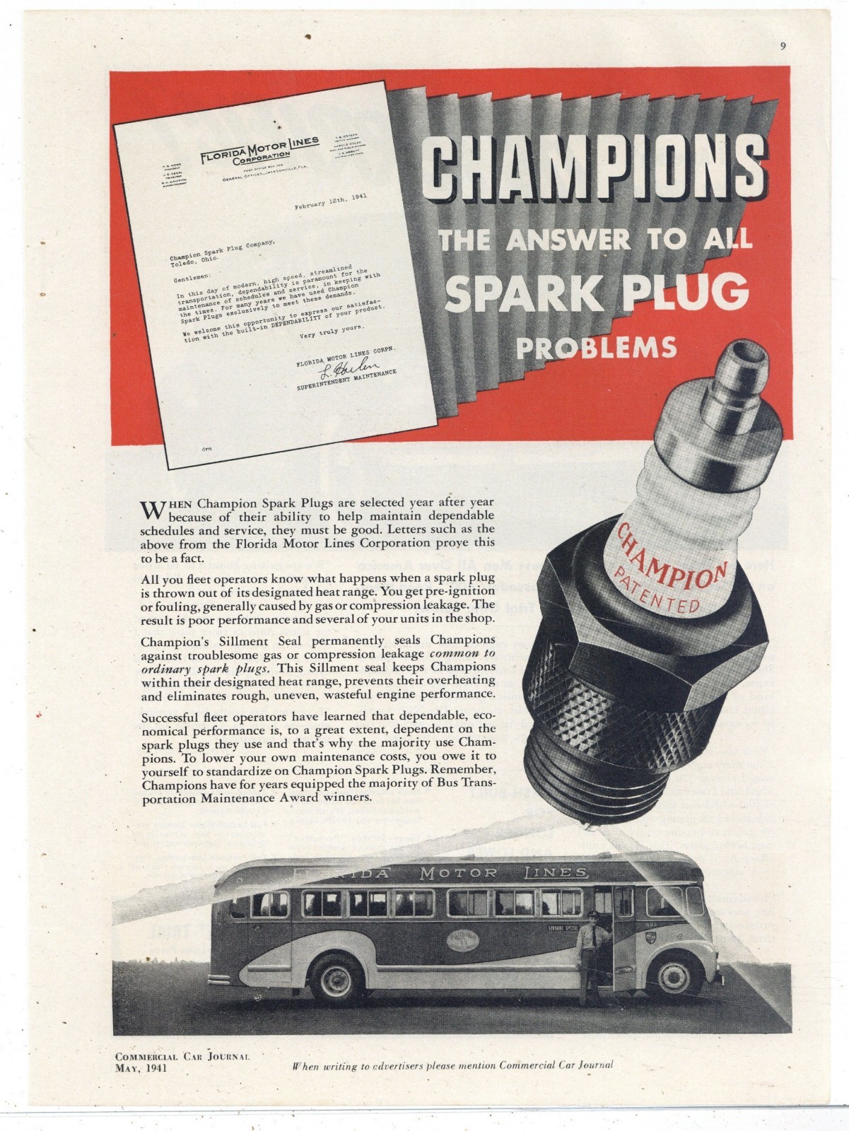1941 Champion Spark Plug Ad: Florida Motor Lines Passenger Bus Co. Jacksonville