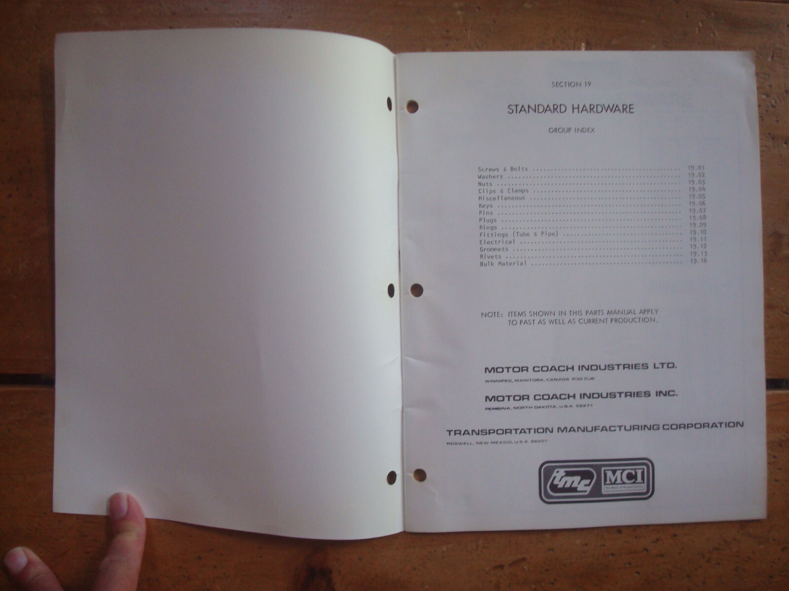1984 TMC Motor Coach Industries Standard Hardware Parts Manual Section 19