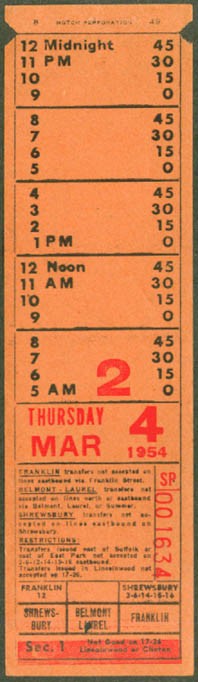 Worcester Bus Company Belmont Laurel transfer 1954 MA