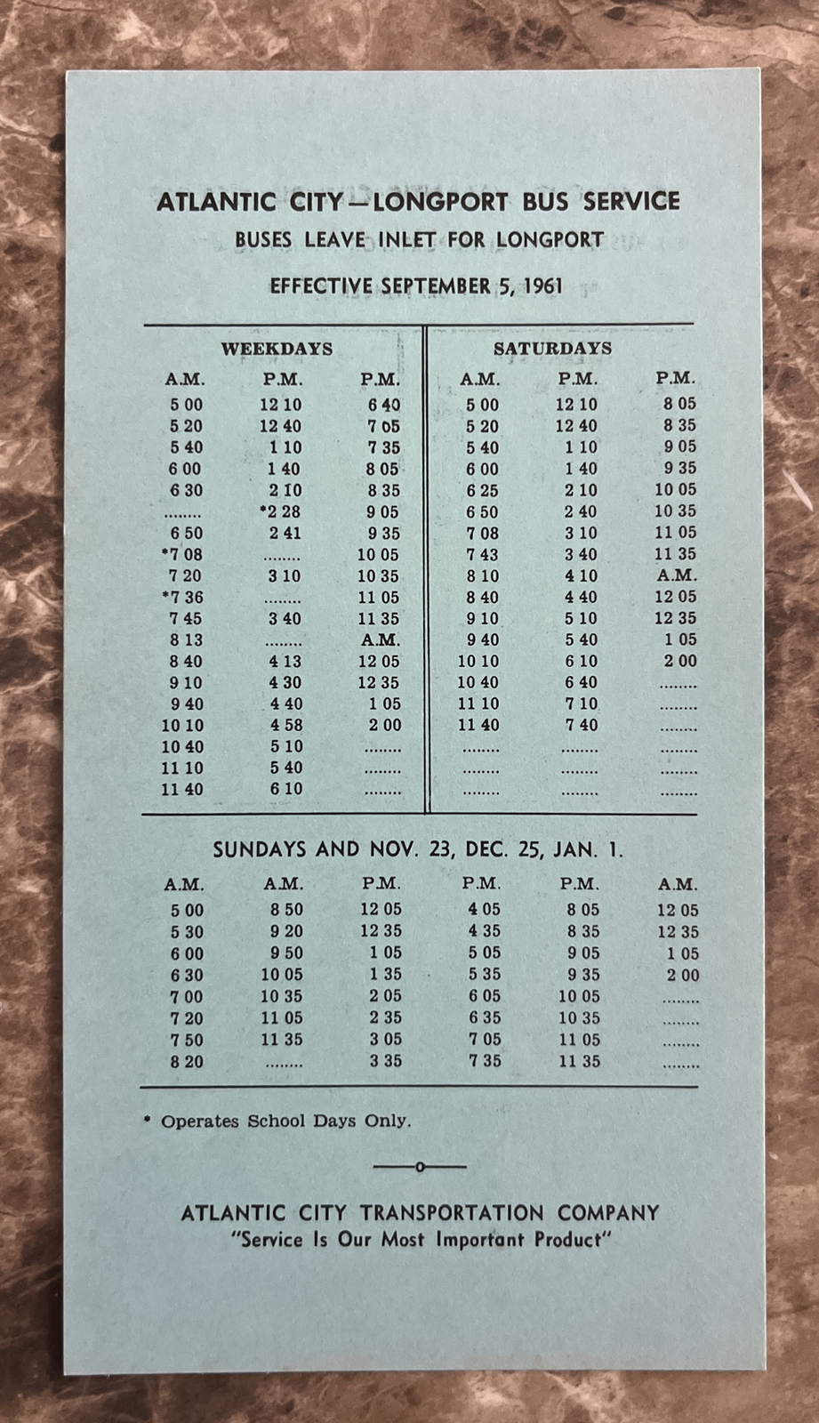 Sept 5, 1961 Atlantic City Transportation Company AC – Longport Bus Schedule