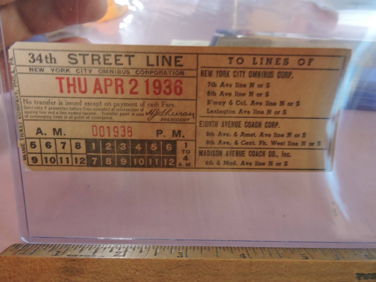 1936 New York City Omnibus Bus Transfer Ticket 34th Street Line