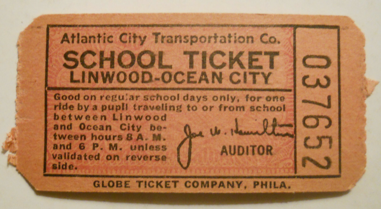 Old Atlantic City (NJ) Transportation Co. School Ticket – Linwood to Ocean City