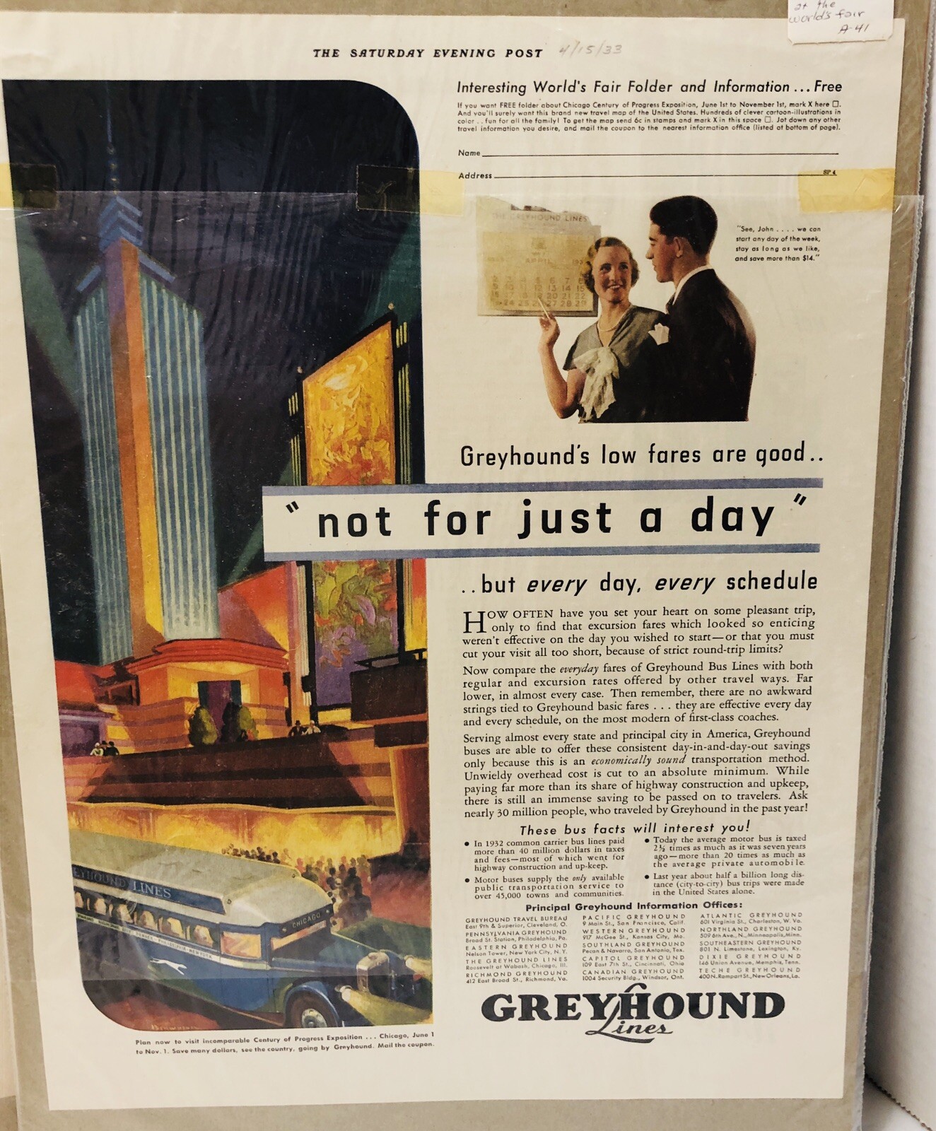 Vintage Greyhound Bus Lines Magazine Ads x2 1933 World’s Fair & 1951