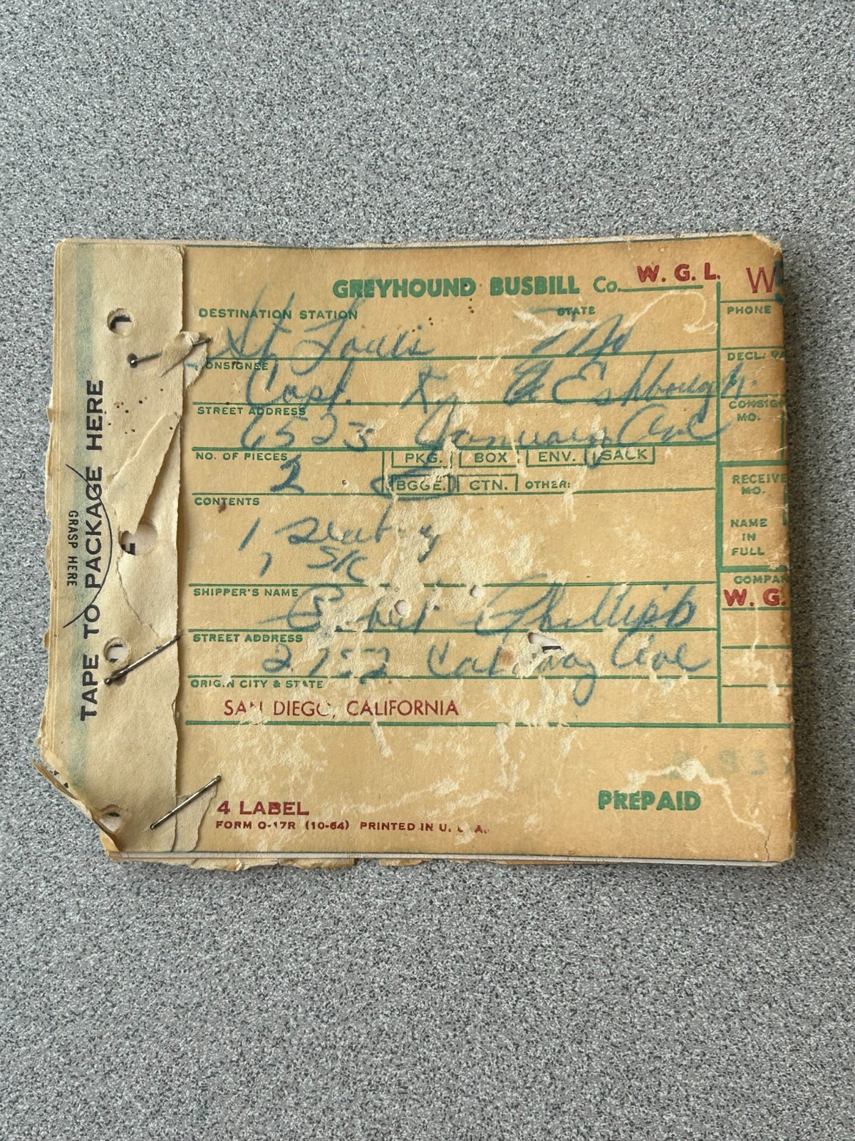 Vintage 1965 Greyhound Bus Shipping Tag San Diego CA to St. Louis MO Ephemera