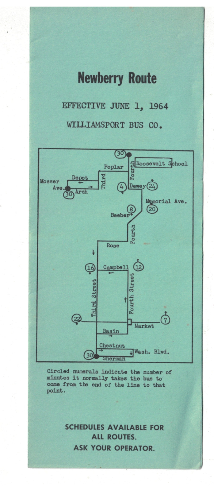 Vintage 1964 Williamsport PA Bus Schedule Route Newberry Route