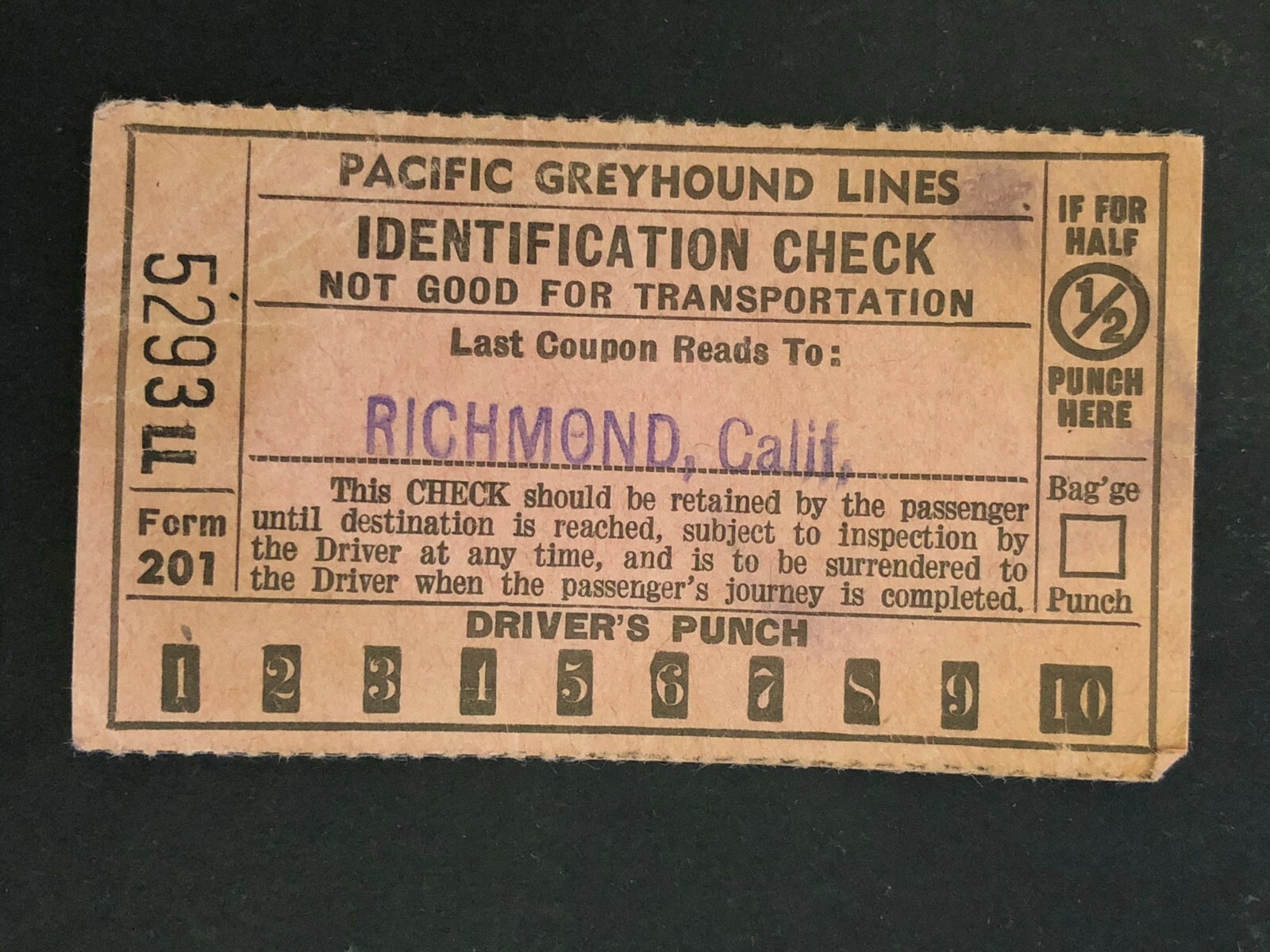 Pacific Greyhound Bus Lines I.D. Check / Ticket “Richmond” 5293 c1945-1955