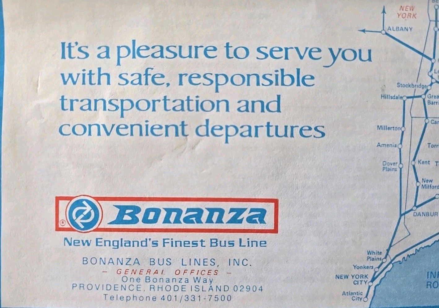 Bonanza Bus Lines January 5th 1992 Bus Schedule Vintage New England’s Finest Bus