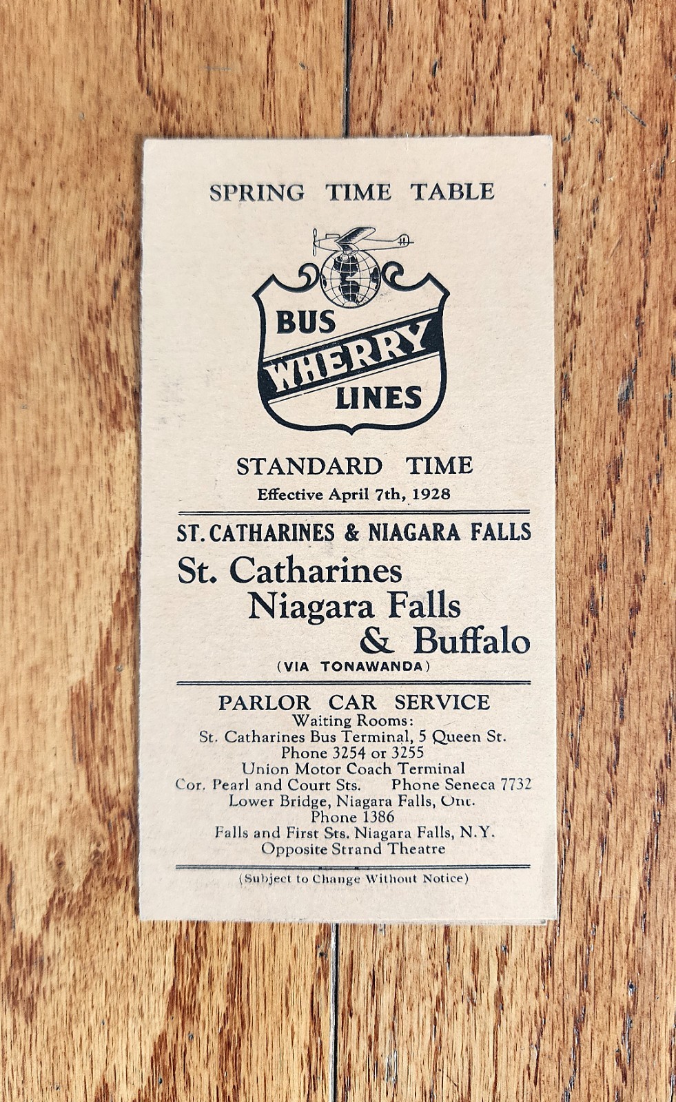 1928 WHERRY BUS LINES TIME TABLE STERLING GASOLINE ST CATHERINES ONTARIO CANADA