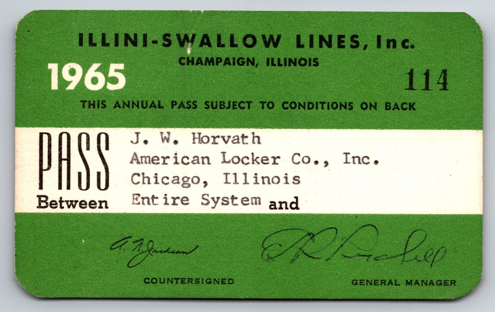 Illini-Swallow Lines Champaign, IL 1965 Annual / Yearly Bus Pass #114