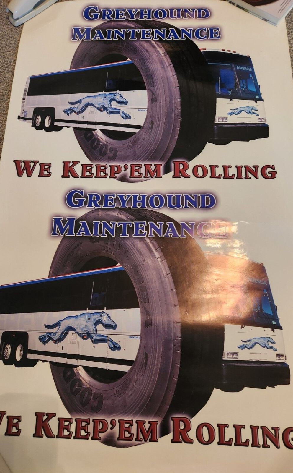 Greyhound Bus FULL SIZE 28″ x 42″ Poster “Maintence We Keep’em Rolling” glossy