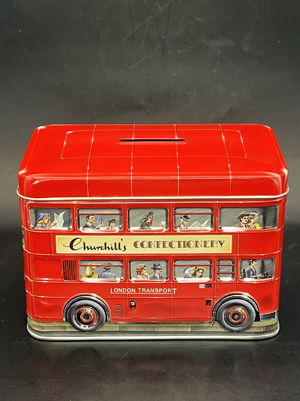 Churchill’s Confectionery London Transport Double Decker Red Bus Tin Coin Bank
