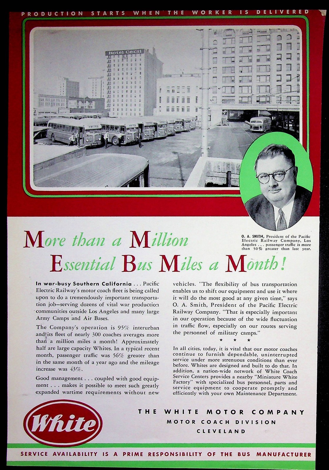 White Motor Company Cleveland Ohio 1943 WWII Color Bus Ad O. A. Smith