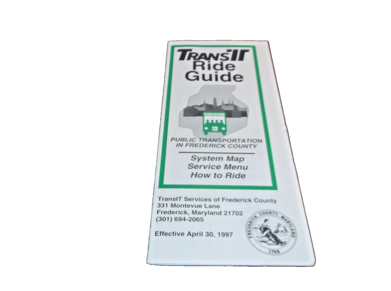 APRIL 1997 FREDERICK COUNTY MARYLAND BUS MAP TRANSIT RIDE GUIDE