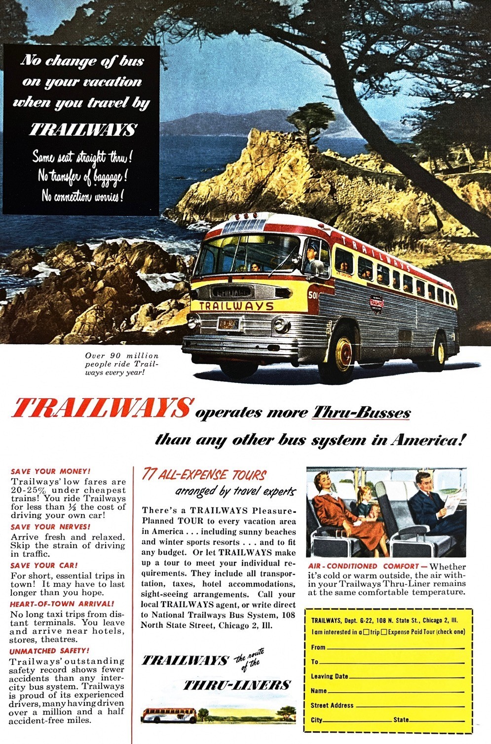 1952 TRAILWAYS BUS Genuine Vintage Print Ad Americana Transportation Travel