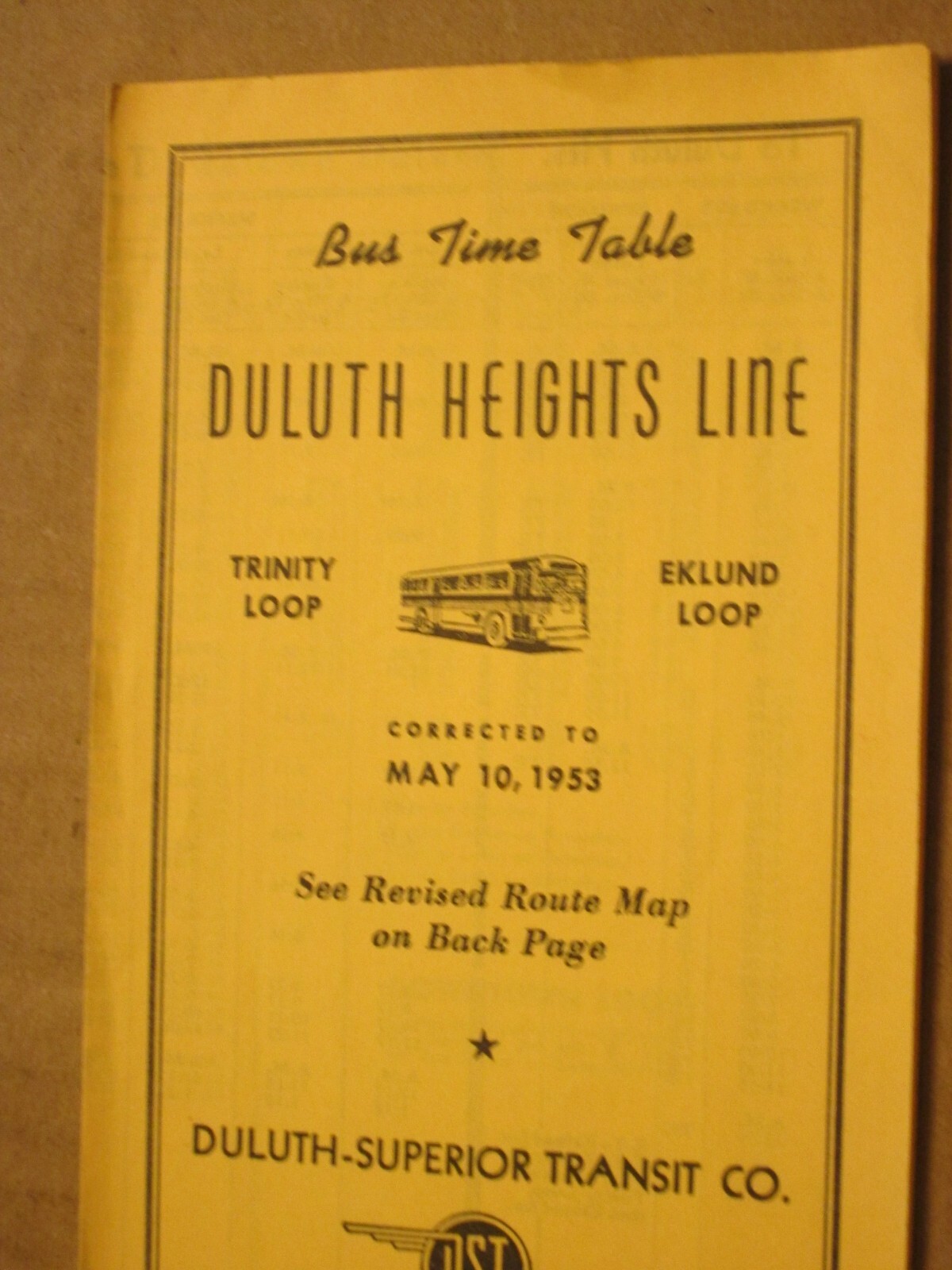 Duluth-Superior Transit Bus Time Table – Duluth Heights Line May 10 1953