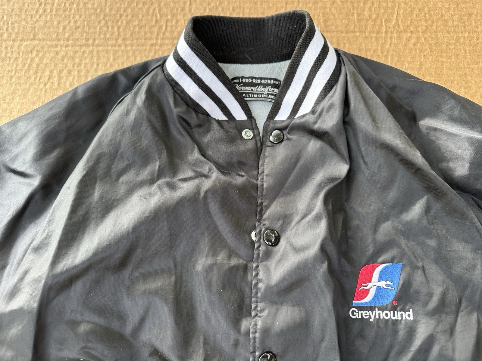 RARE Vintage Greyhound Satin Jacket Black Embroidered Coach Bus Graphic Size MED