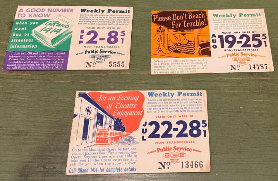 3 St Louis Public Service Weekly Permit Pass for Bus or Streetcar 1951