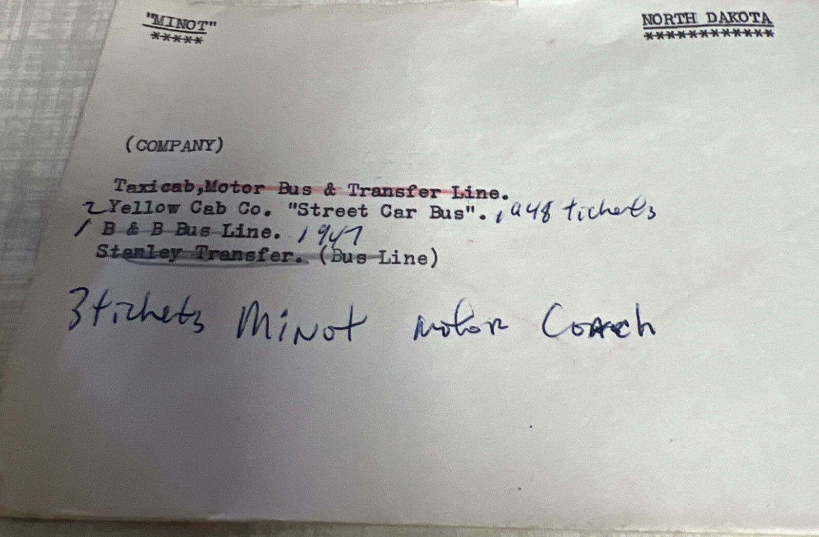 6 BUS TICKETS & YELLOW CAB FROM NORTH DAKOTA B& B BUS LINE MINOT MOTOR COACH
