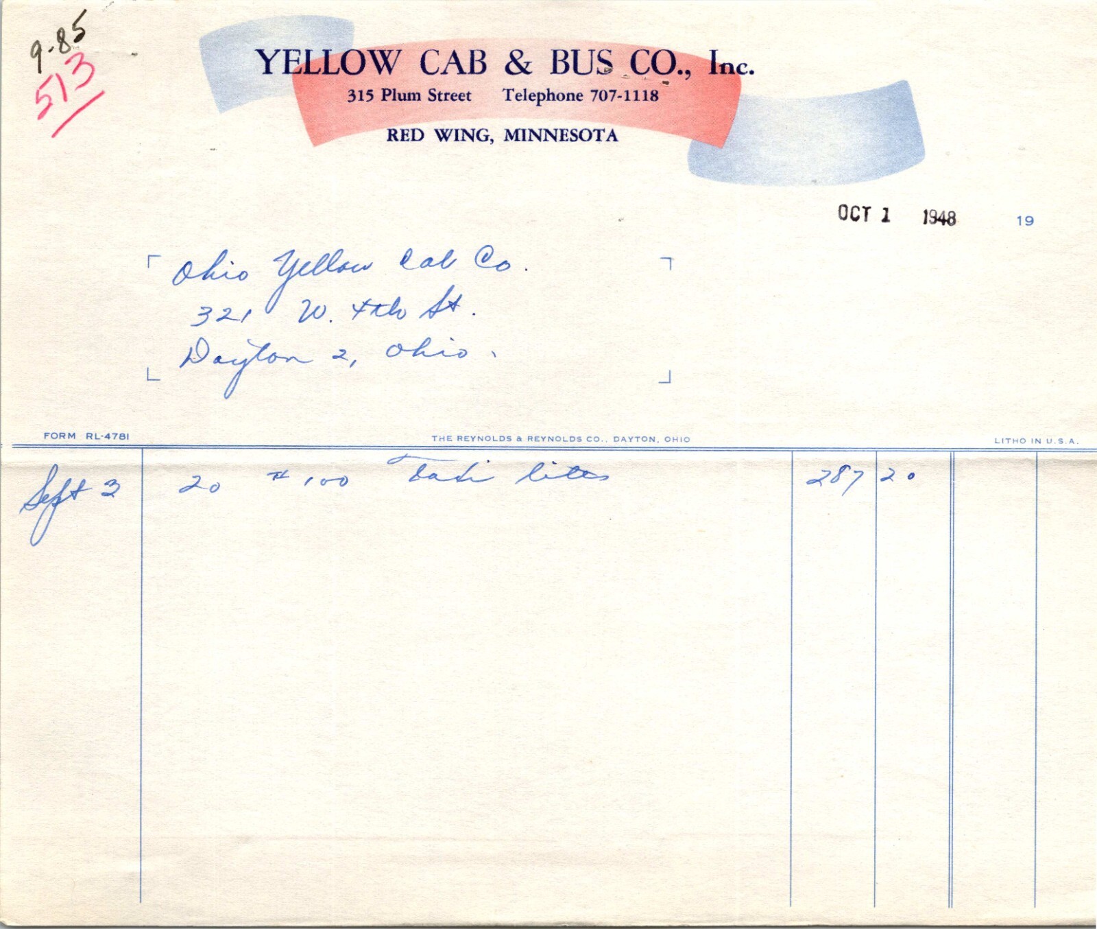 Red Wing Minnesota Yellow Cab Bus Co. Letterhead Bill “Taxi Lites” Vintage 1948