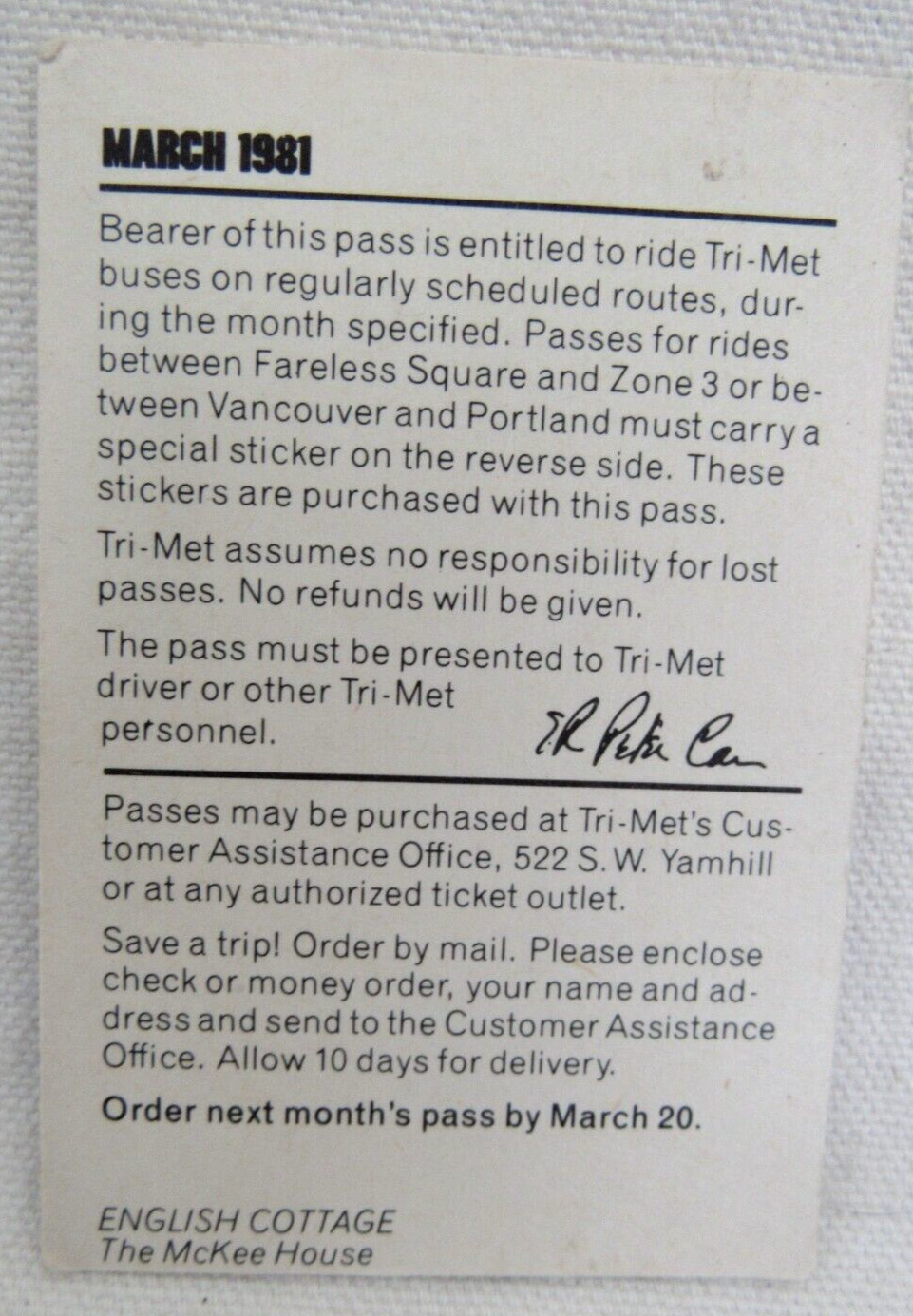 Vintage Tri-Met Bus & Max Light Rail March 1981 Monthly Pass Portland Oregon OR