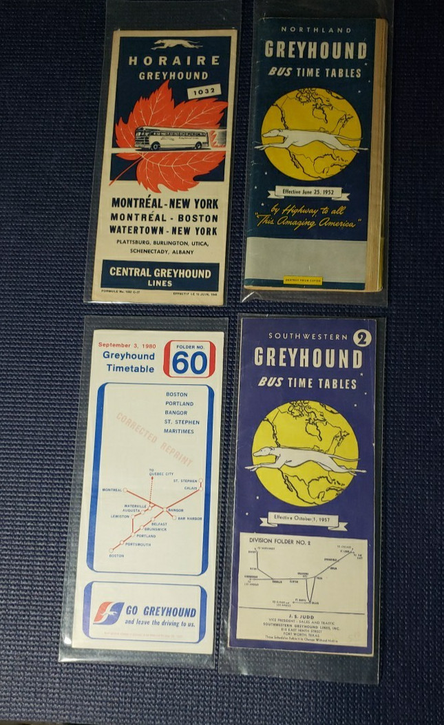 Greyhound Bus Lines Timetables – 1948 – 1952 – 1957 – 1980 – Lot of 4