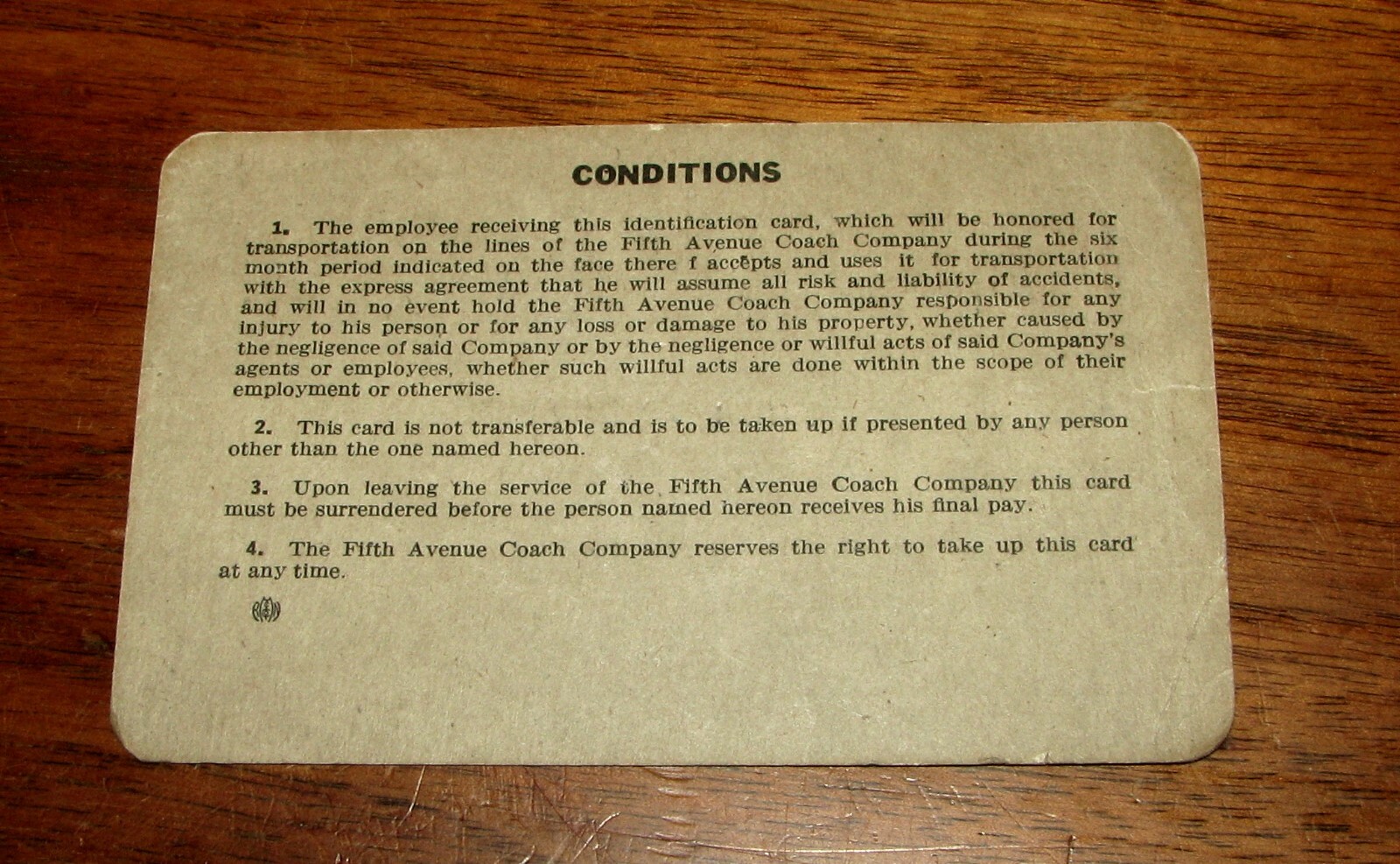 1954 FIFTH AVENUE COACH COMPANY – Employee’s ID Card – New York