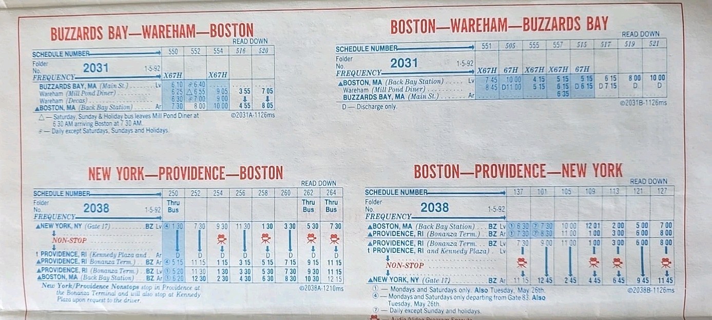Bonanza Bus Lines January 5th 1992 Bus Schedule Vintage New England’s Finest Bus