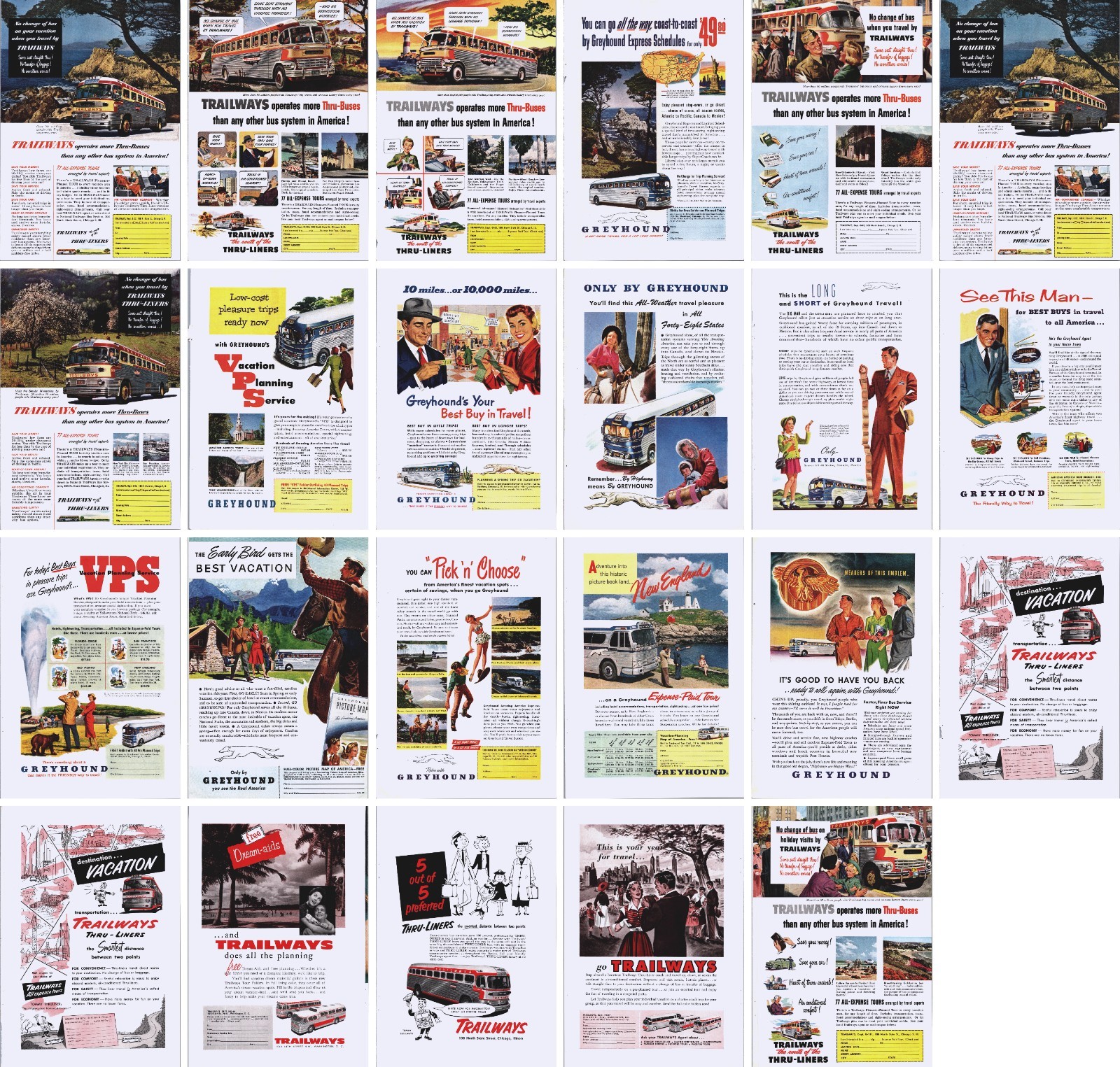 LOT OF 20+ Print Ads Greyhound Trailways Bus Line Travel Vacation MID CENTURY