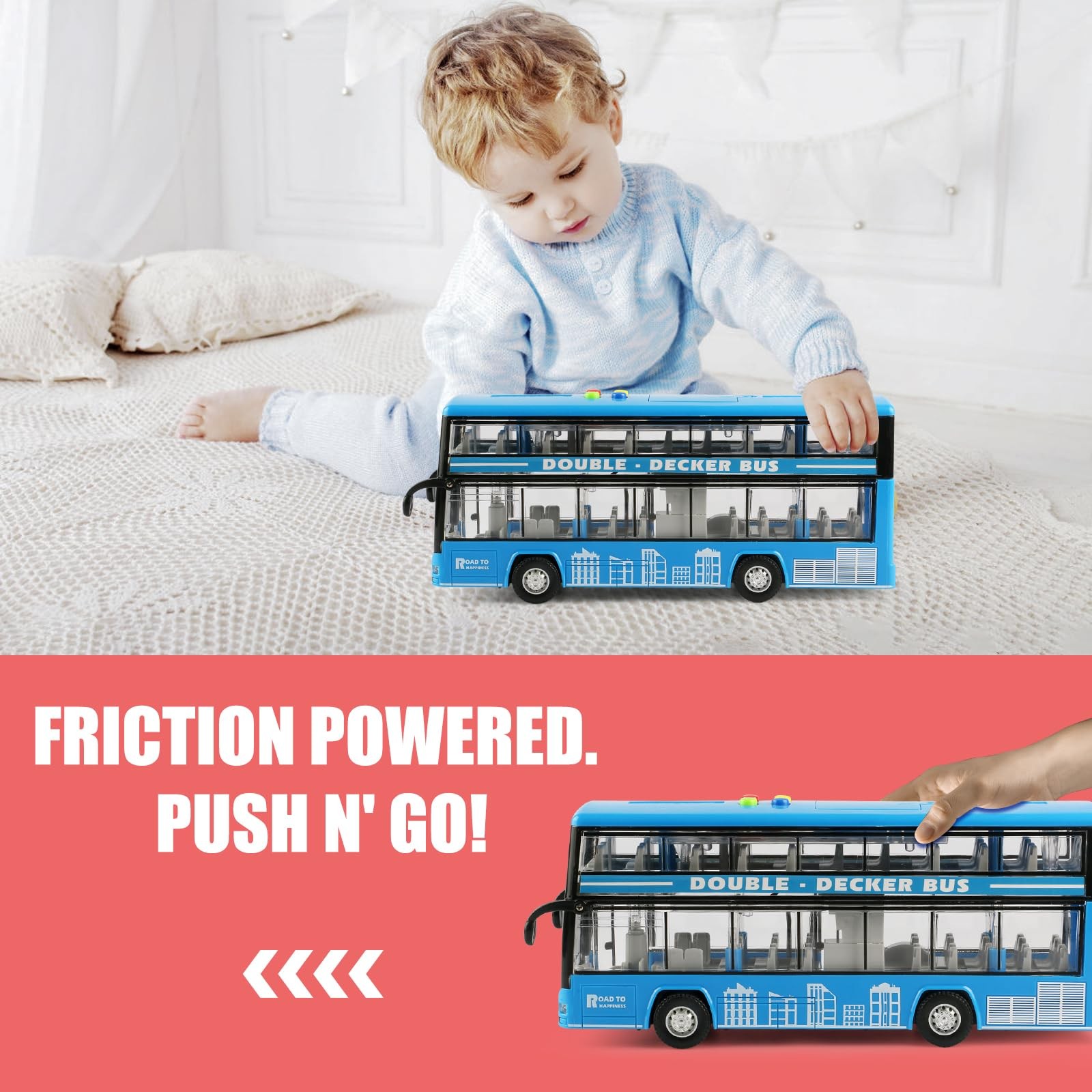 Cdymkf 1128Cm Double Decker Bus Toy Lights Sounds Scale116 Friction Powered Bus