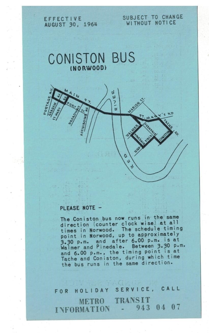 1964 Winnipeg Canada Bus Schedule and Route Map Coniston