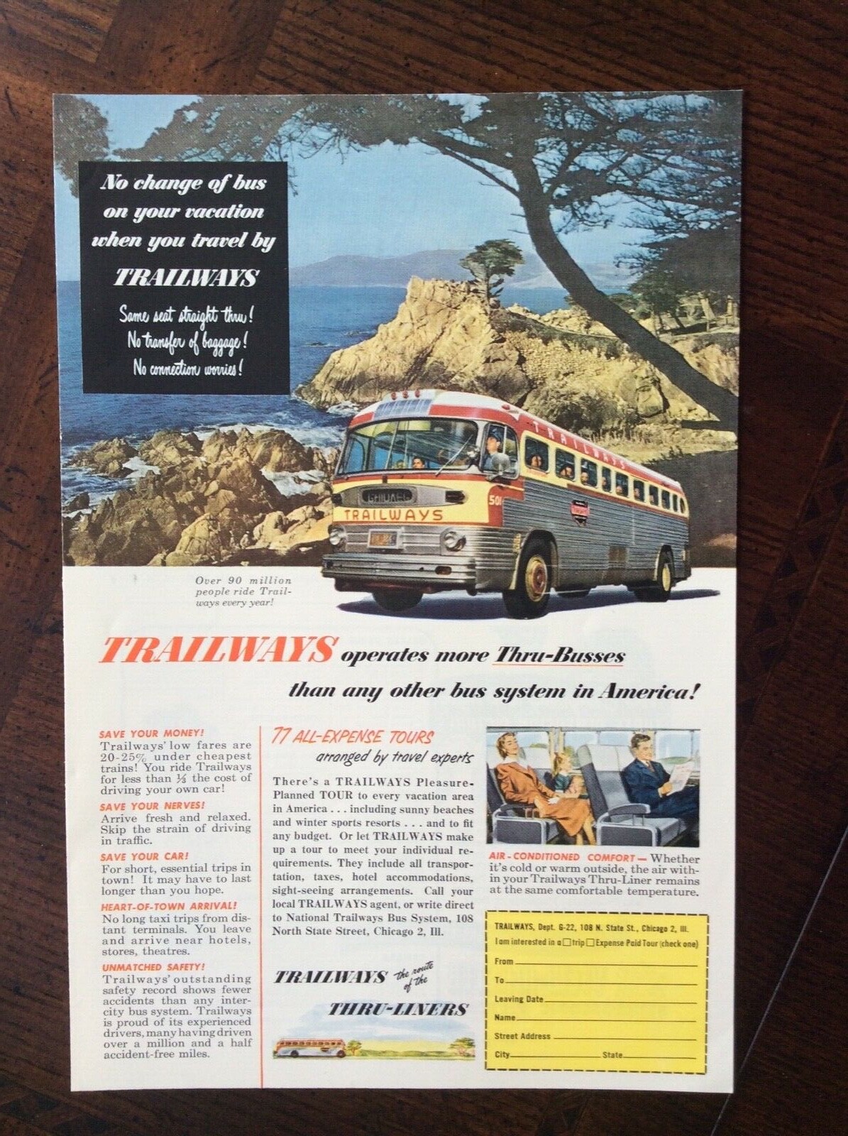 1952 vintage original print ad Trailways Thru-Liner Bus Service All Expense Tour