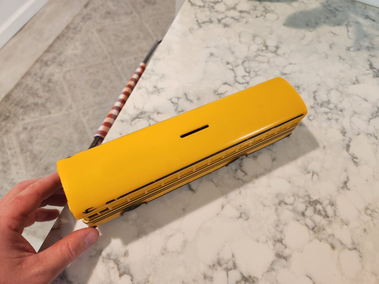 Vtg Yellow Blue Bird School Bus Jimson No. 330 Coin Bank Plastic 10” With Plug