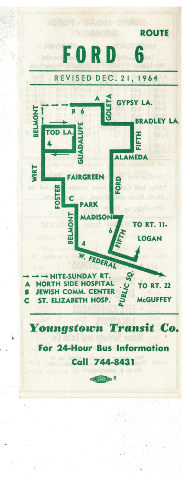 Vintage 1964 Youngstown OH Bus Schedule & Route Map Route 6