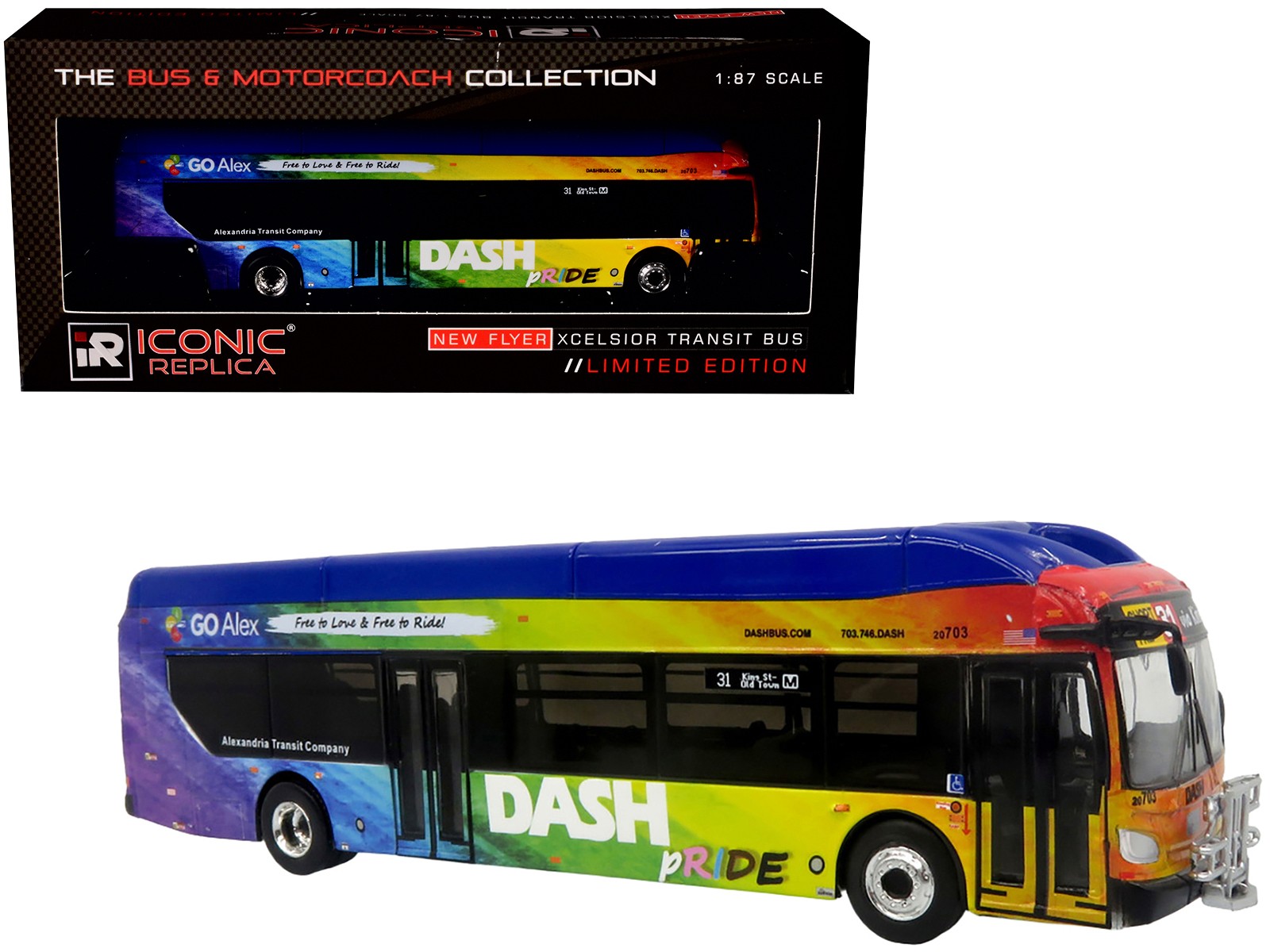 New Flyer Xcelsior XN40 Transit Bus Blue 1/87 DASH Pride Livery Limited Edition