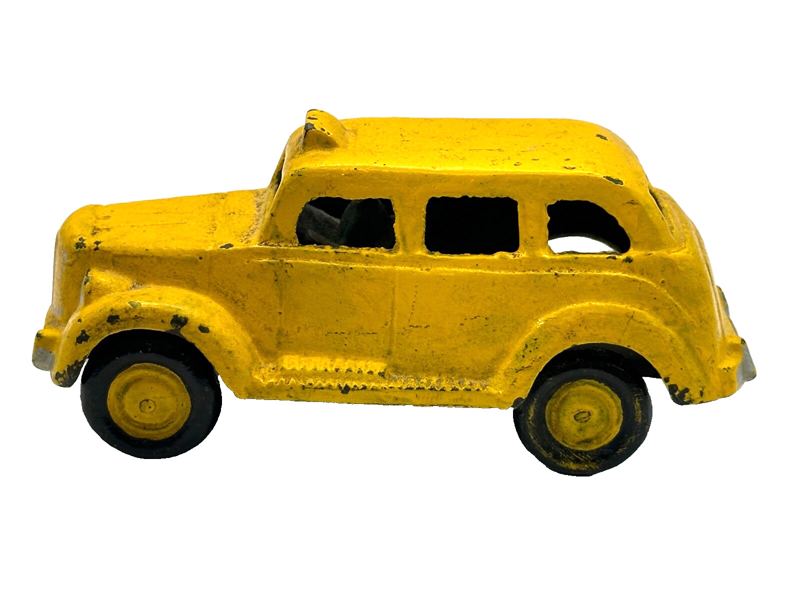 Vintage Cast Iron Taxi Driver Yellow Cab Toy with Man Driving