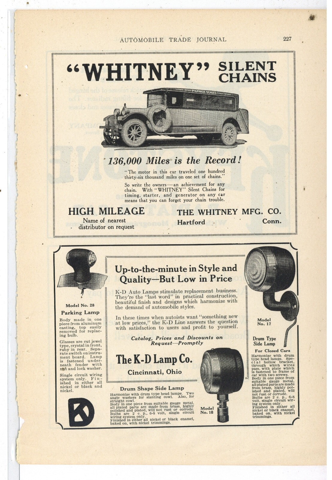 1924 Whitney Mfg. Co. of Hartford, Connecticut Ad: Pickwick Stage Pictured –