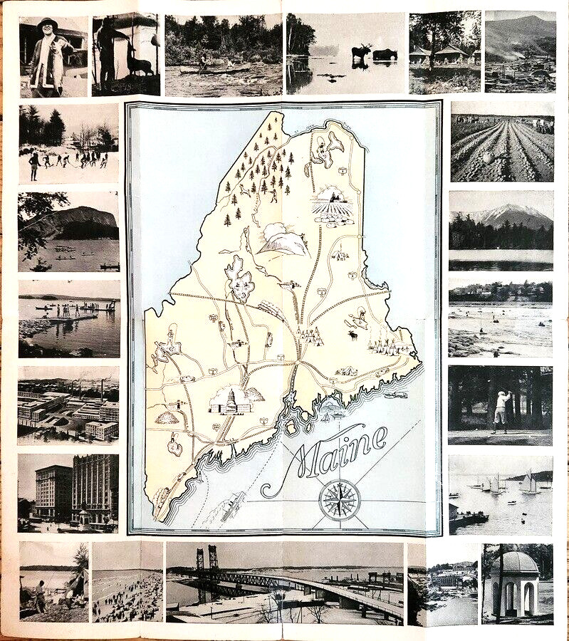 1928 Maine Travel Guide and Map w/ pictorial vignettes: Travel Hunting Fishing
