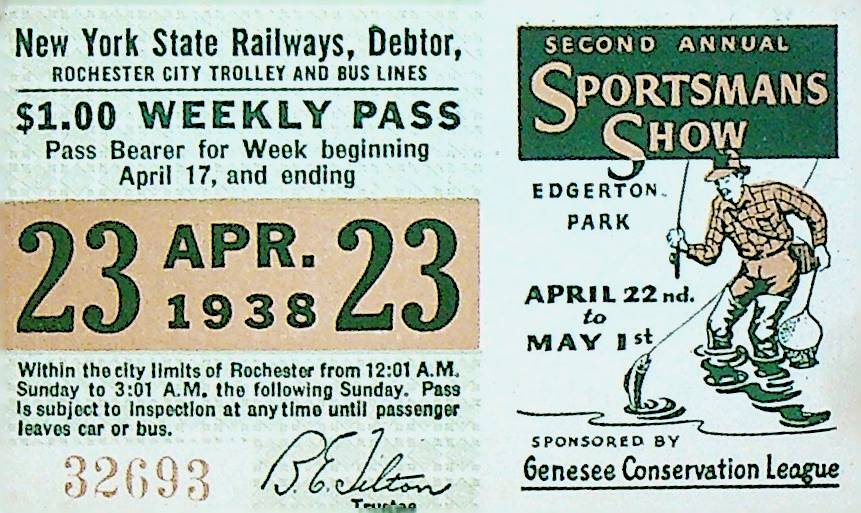 Rochester City Trolley & Bus Lines Pass April 23 1938 Sportsman Show