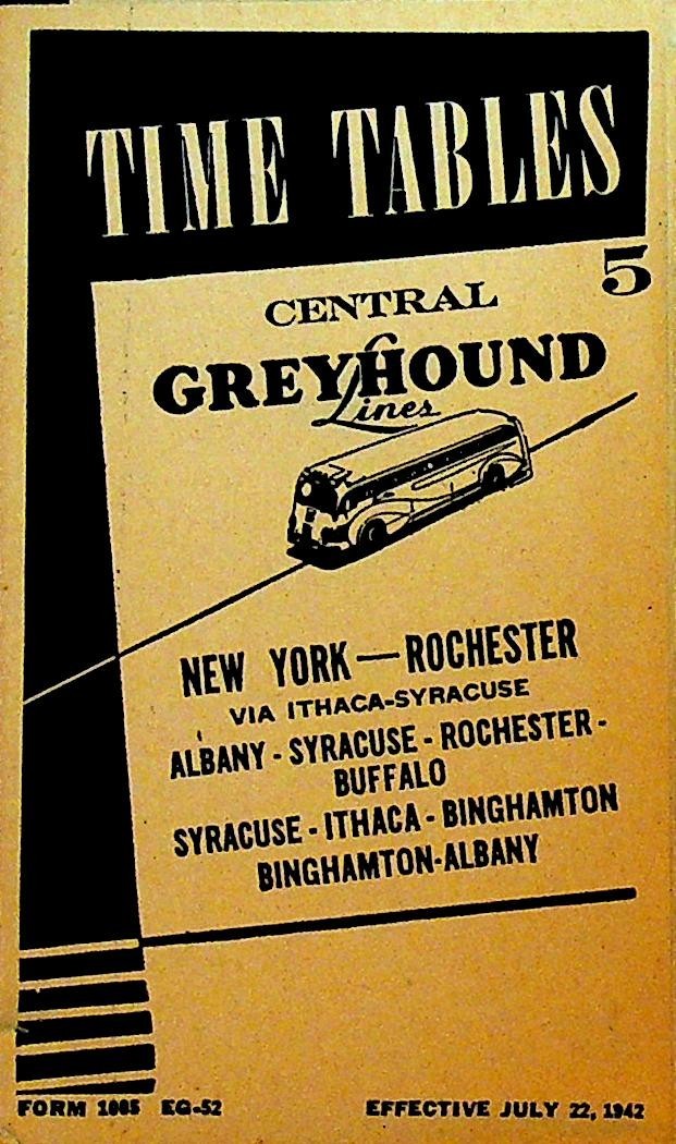 Central Greyhound Lines Time Tables July 22 1942 New York City to Rochester NY