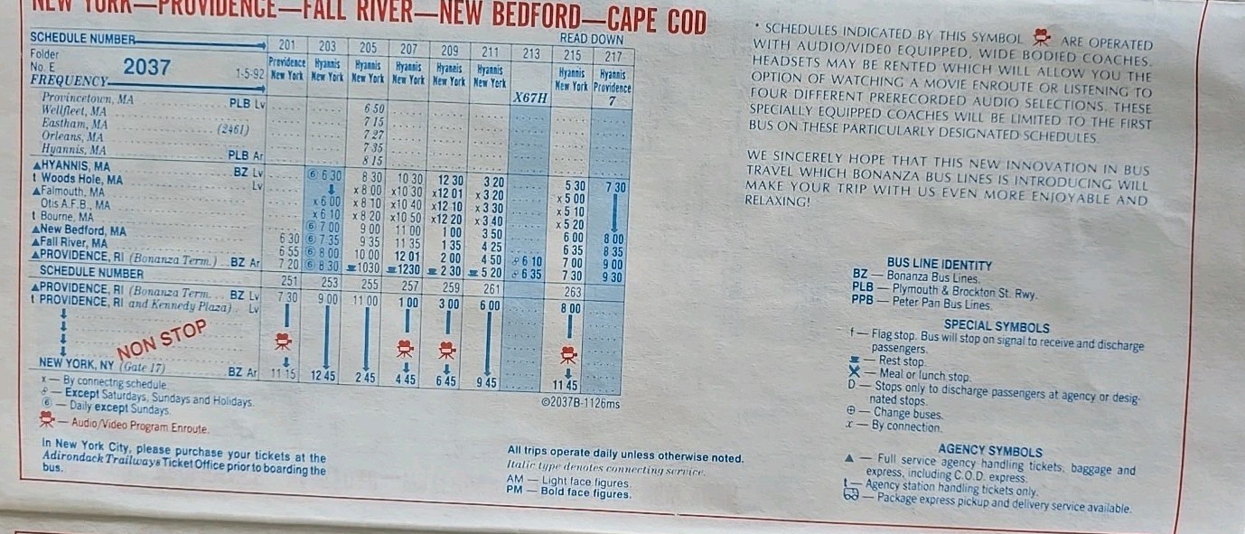 Bonanza Bus Lines January 5th 1992 Bus Schedule Vintage New England’s Finest Bus