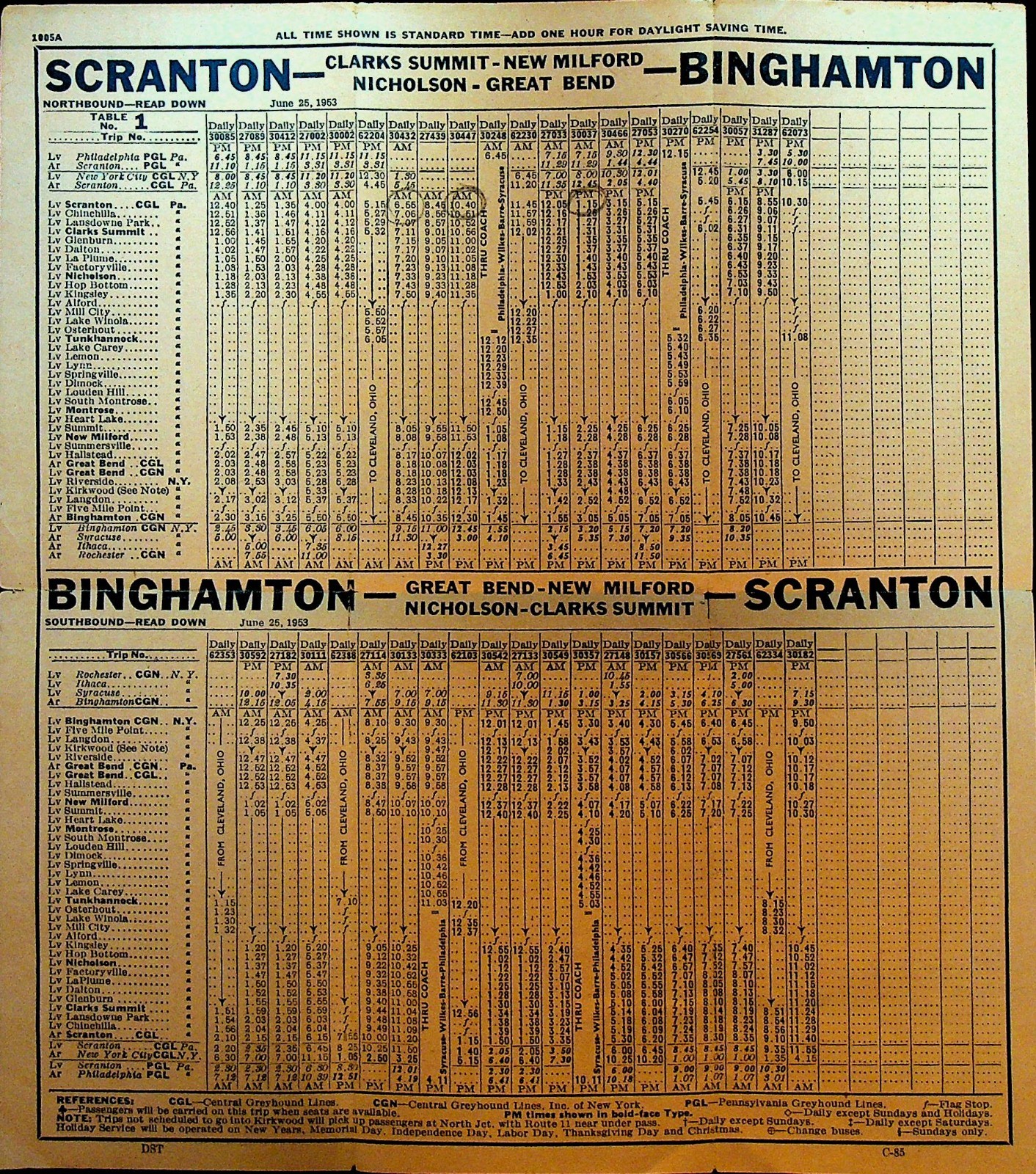 Central Greyhound Bus Timetable 1005A June 25 1963 Wilkes-Barre to Binghamton