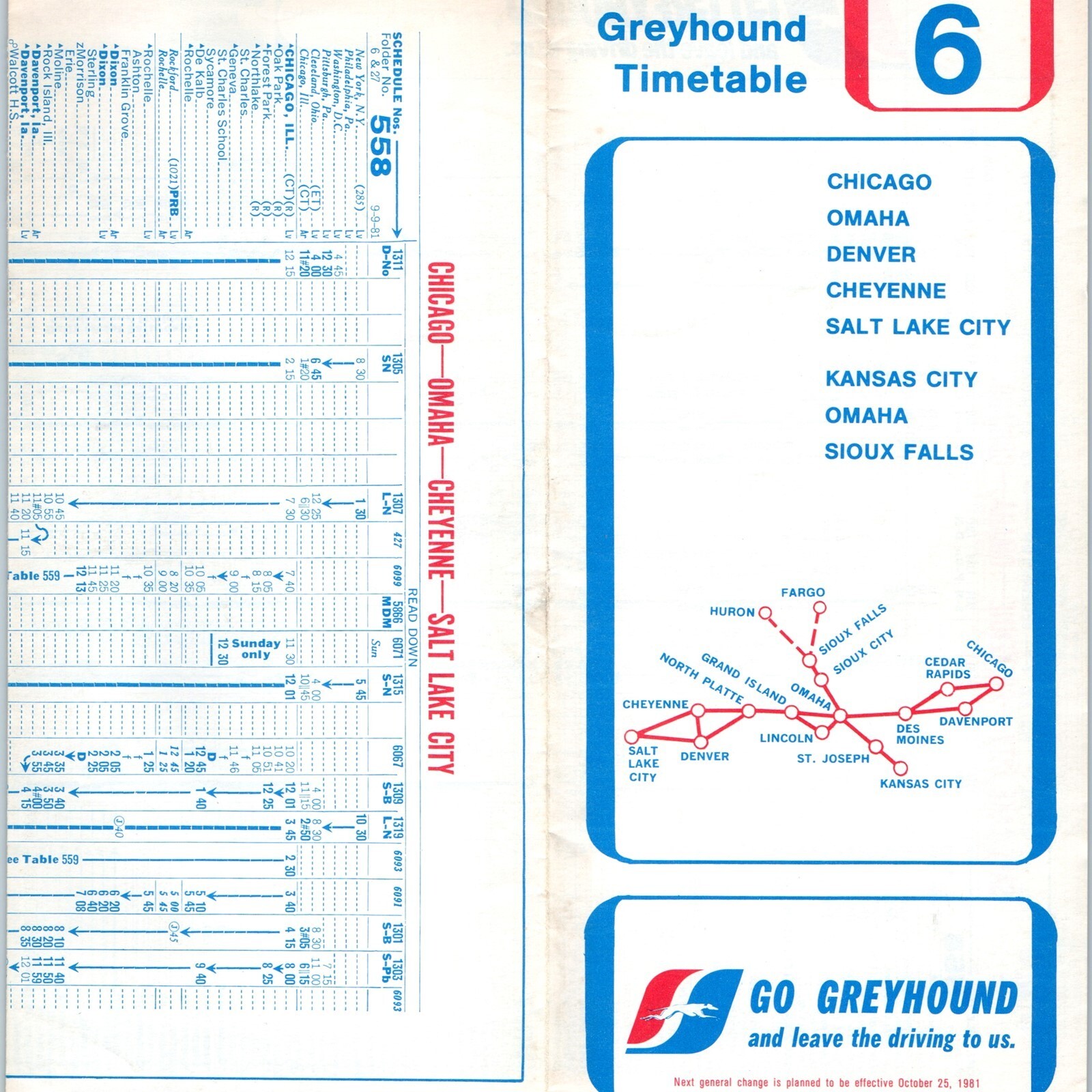 SEP 1981 Greyhound Bus Lines Timetable Folder #6 Guide Chicago Salt Lake City 1J